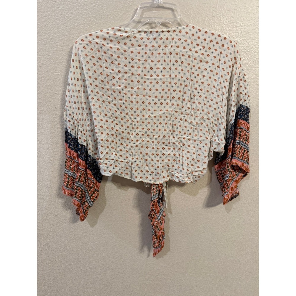 Patrons of Peace Floral Boho Tie Front Crop Top Cream Mixed Print Rayon Small - Picture 5 of 5